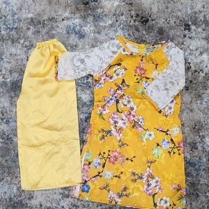 Floral Yellow Dress with Lace Sleeves